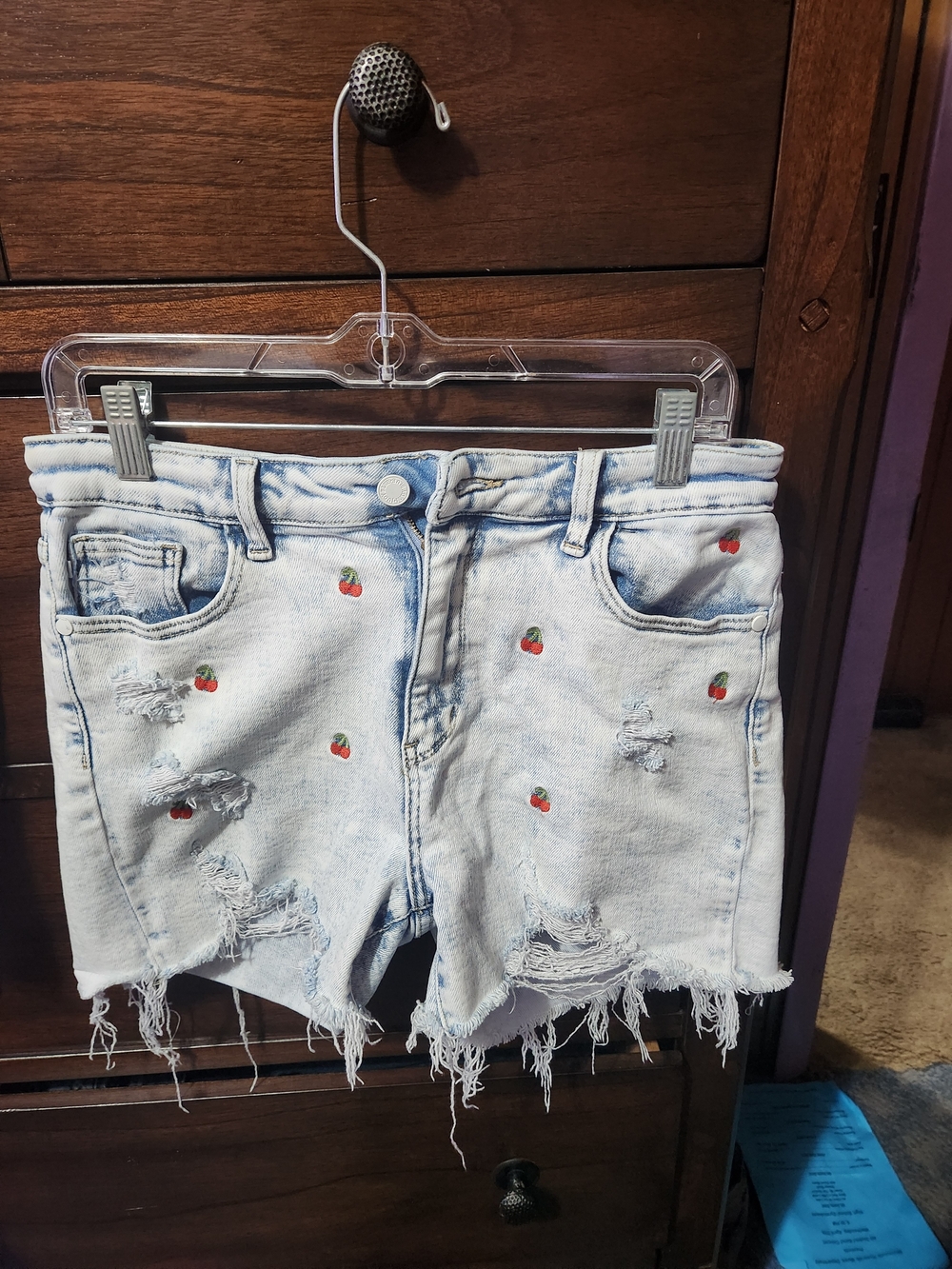 Judy Blue Light Blue Distressed Denim Shorts with Cherry Embroidery